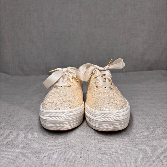 Kate Spade Keds‎ Triple KS Glitter Sneakers Cream Canvas Lace Up Platform 8.5 - Picture 4 of 11